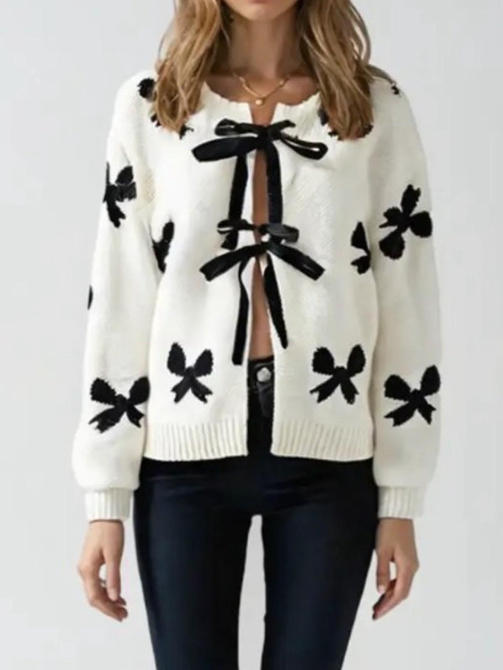 Cream Bow-Print Knit Cardigan with Black Ties